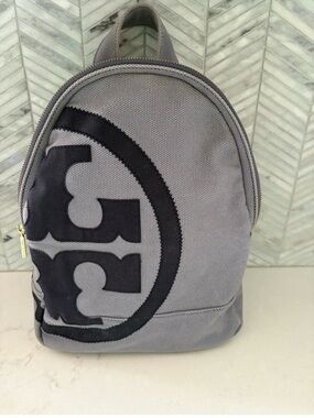 Tory Burch Gray Canvas Mini Backpack with Dark Blue Logo